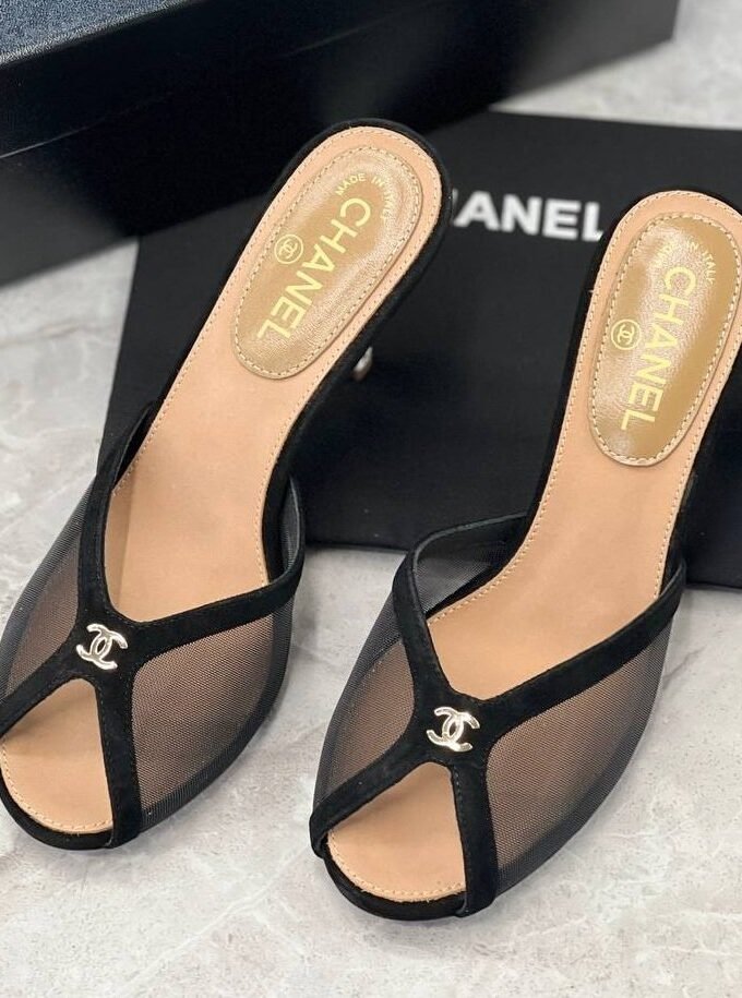 Chanel Mesh Peep-Toe Heels Black