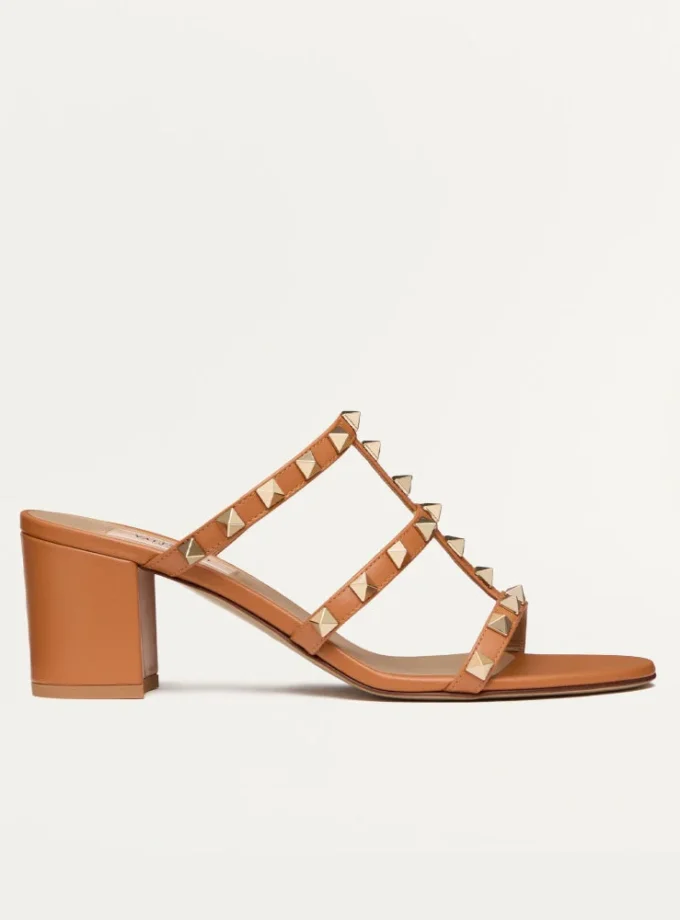 Valentino Rockstud Calfskin Leather Slide Sandal 60 mm Almond