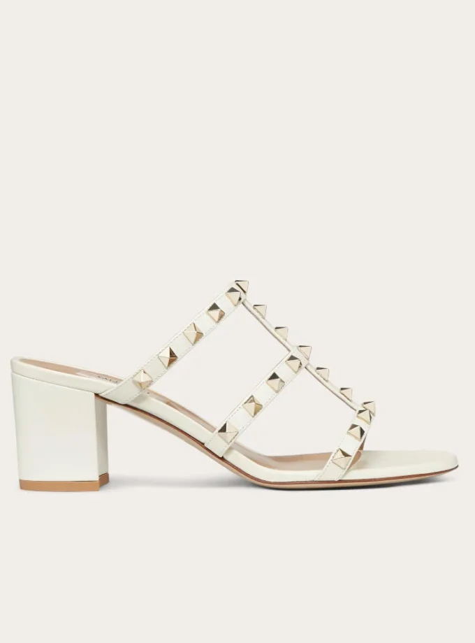 Valentino Rockstud Calfskin Leather Slide Sandal 60 mm Light Ivory