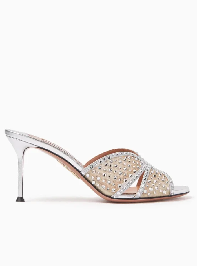 Aquazzura Crystal Lover 75 Silver Mule Sandals