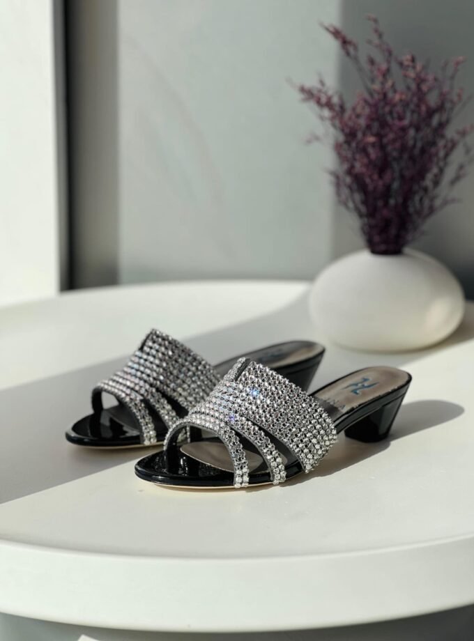 Gina Women's Black Rhinestone Studded Low Heel Sandal