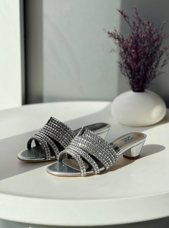 Gina Women's Silver Rhinestone Studded Low Heel Sandal