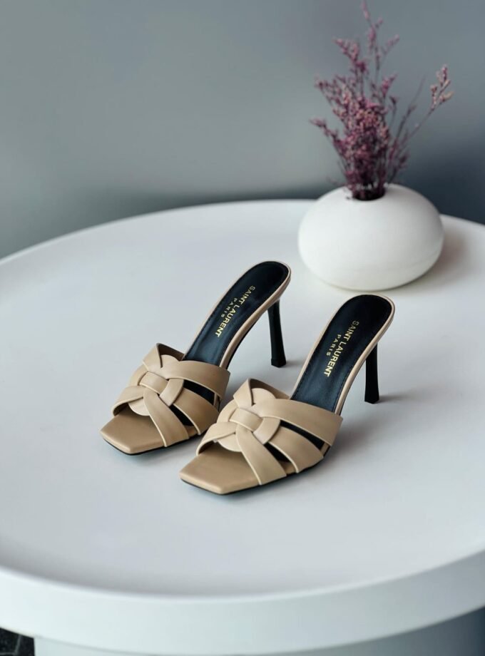 Saint Laurent Beige Leather Tribute Slide Sandals