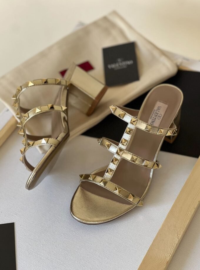 Valentino Rockstud Calfskin Leather Slide Sandal 60 mm Gold