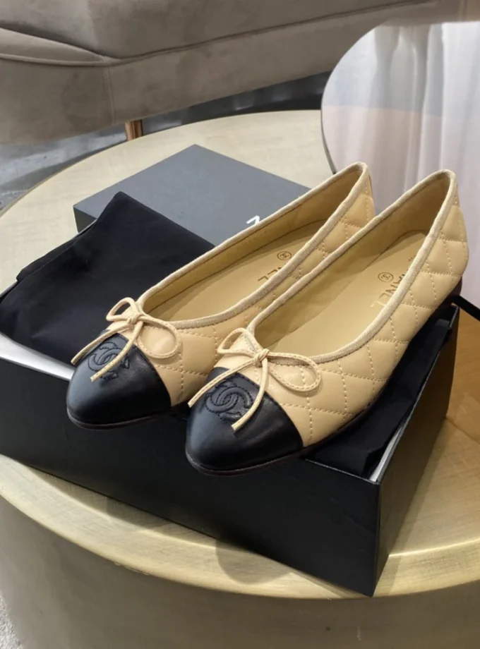 Chanel Classic Ballet Flats With Cap Toe Beige Black
