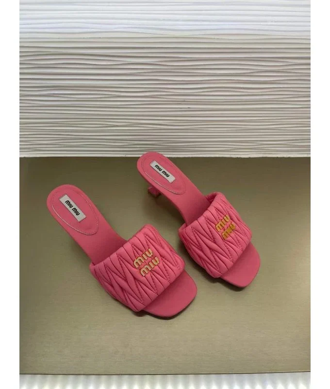 Miu Miu Matelassé Leather Slide Sandals Pink