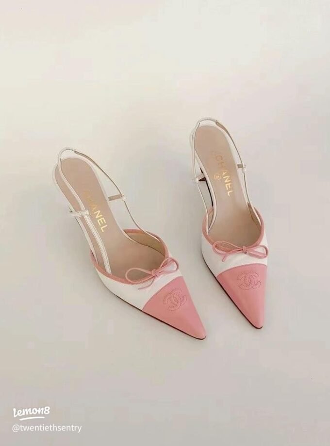 Chanel CC Bow Slingback Heels White Pink