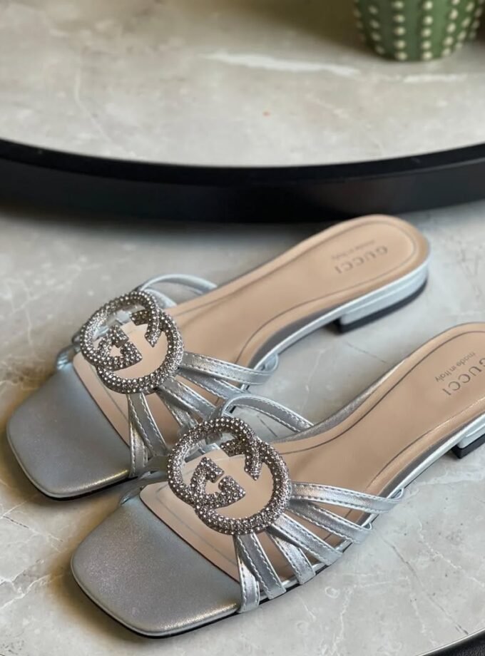 Gucci Women's Interlocking G Slide Sandals In Silver Metallic