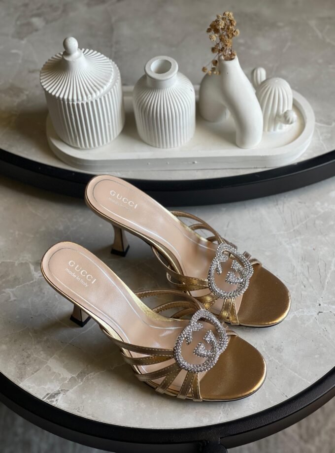 Gucci Alicia Strappy Slide Sandal In Gold Metallic